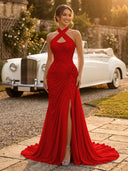 Chiffon Mermaid Halter Long Evening Dresses with Slit