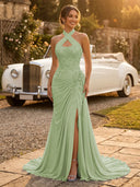 Chiffon Mermaid Halter Long Evening Dresses with Slit