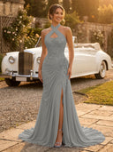 Chiffon Mermaid Halter Long Evening Dresses with Slit
