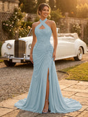 Chiffon Mermaid Halter Long Evening Dresses with Slit