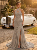 Chiffon Mermaid Halter Long Evening Dresses with Slit