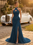 Chiffon Mermaid Halter Long Evening Dresses with Slit