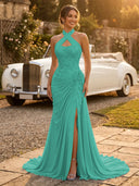 Chiffon Mermaid Halter Long Evening Dresses with Slit