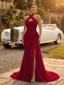 Chiffon Mermaid Halter Long Evening Dresses with Slit