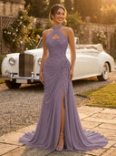 Chiffon Mermaid Halter Long Evening Dresses with Slit