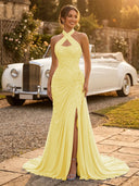 Chiffon Mermaid Halter Long Evening Dresses with Slit