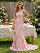 Chiffon Mermaid Square Neck Long Evening Dresses with Ruched