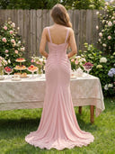 Chiffon Mermaid Square Neck Long Evening Dresses with Ruched