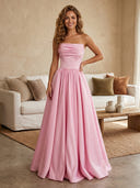 Satin A Line Strapless Long Evening Dresses with Ruched