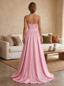 Satin A Line Strapless Long Evening Dresses with Ruched