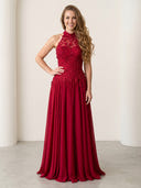 Chiffon A Line Halter Long Evening Dresses with Lace