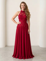 Chiffon A Line Halter Long Evening Dresses with Lace
