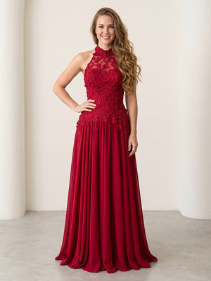 Chiffon A Line Halter Long Evening Dresses with Lace