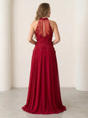 Chiffon A Line Halter Long Evening Dresses with Lace