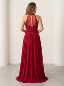 Chiffon A Line Halter Long Evening Dresses with Lace