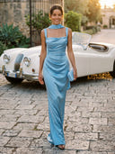 Satin Mermaid Square Neck Spaghetti Straps Long Evening Dresses with Scarf