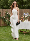 Satin Mermaid Strapless Long Evening Dresses with Flower