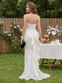 Satin Mermaid Strapless Long Evening Dresses with Flower