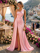Satin Mermaid One Shoulder Long Evening Dresses with Slit