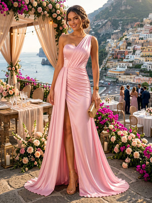 Satin Mermaid One Shoulder Long Evening Dresses with Slit