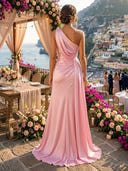 Satin Mermaid One Shoulder Long Evening Dresses with Slit