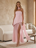 Satin A Line Strapless Long Evening Dresses with Scarf