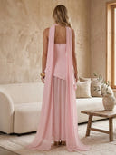 Satin A Line Strapless Long Evening Dresses with Scarf