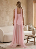 Satin A Line Strapless Long Formal Dresses with Scarf Wedding Guest Maxi Dresses