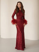 Sequin Mermaid Long Sleeves Long Evening Dresses with Feather