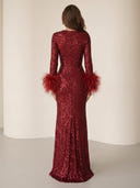 Sequin Mermaid Long Sleeves Long Evening Dresses with Feather