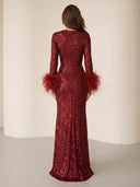 Sequin Mermaid Long Sleeves Long Evening Dresses with Feather