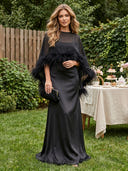 Satin Mermaid Cape Sleeves Long Evening Dresses with Feather