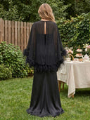 Satin Mermaid Cape Sleeves Long Evening Dresses with Feather
