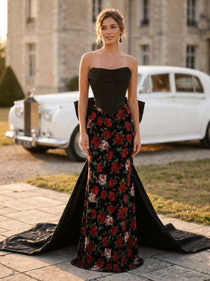 Satin Mermaid Strapless Jacquard Long Evening Dresses with Bows