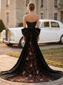 Satin Mermaid Strapless Jacquard Long Evening Dresses with Bows