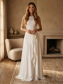 Chiffon A Line Sleeveless Long Evening Dresses with Lace