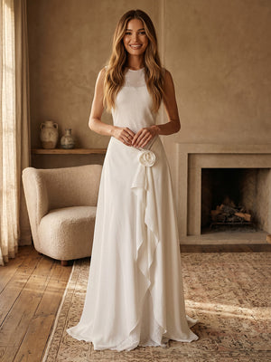 Chiffon A Line Sleeveless Long Evening Dresses with Lace