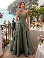 Satin A Line Strapless Lace Long Evening Dresses with Bows