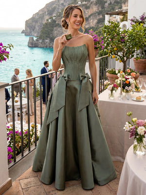 Satin A Line Strapless Lace Long Evening Dresses with Bows