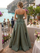 Satin A Line Strapless Lace Long Evening Dresses with Bows