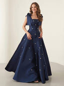 Satin A Line Spaghetti Straps Long Evening Dresses with Bows