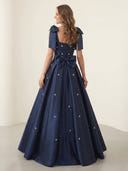 Satin A Line Spaghetti Straps Long Evening Dresses with Bows