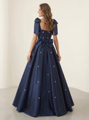 Satin A Line Spaghetti Straps Long Evening Dresses with Bows