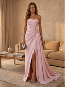Satin Mermaid Strapless Long Evening Dresses with Slit