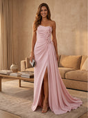 Satin Mermaid Strapless Long Evening Dresses with Slit