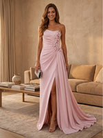 Satin Mermaid Strapless Long Evening Dresses with Slit