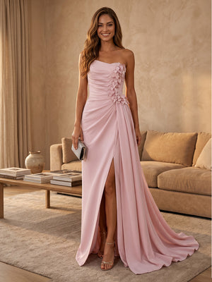 Satin Mermaid Strapless Long Evening Dresses with Slit