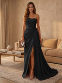 Satin Mermaid Strapless Long Evening Dresses with Slit