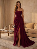 Satin Mermaid Strapless Long Evening Dresses with Slit