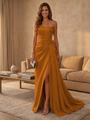 Satin Mermaid Strapless Long Evening Dresses with Slit